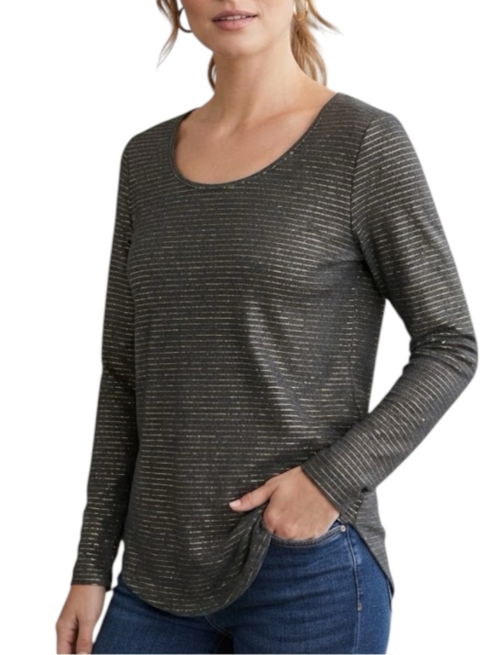 STUDIO Black Gold Metallic Stitch Lurex Top Draped Hem Size Large